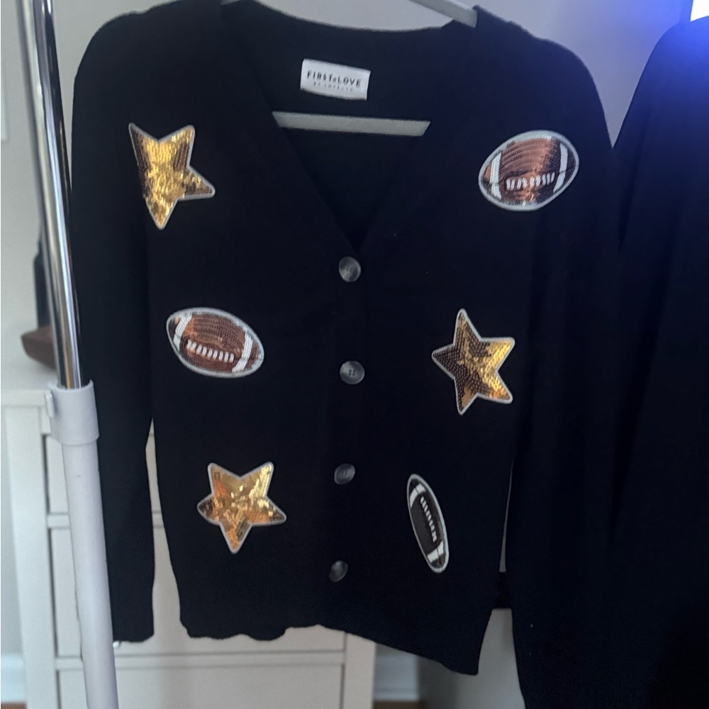 First Love Black Cardigan with Gold Stars and Brown Footballs